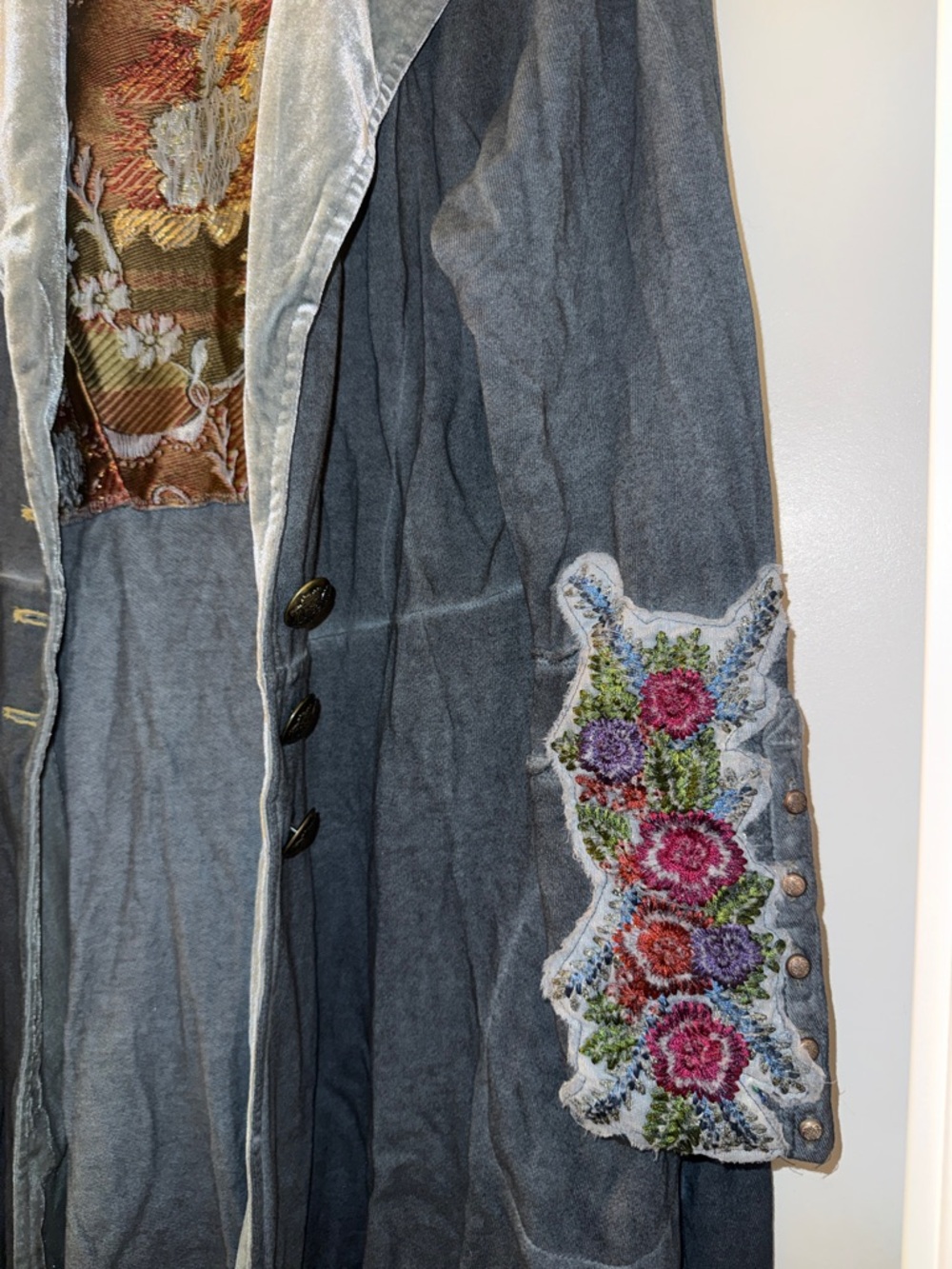 Soft Surroundings Slate Gray Velvet Trench Coat with Embroidered Lining - Picture 3 of 7
